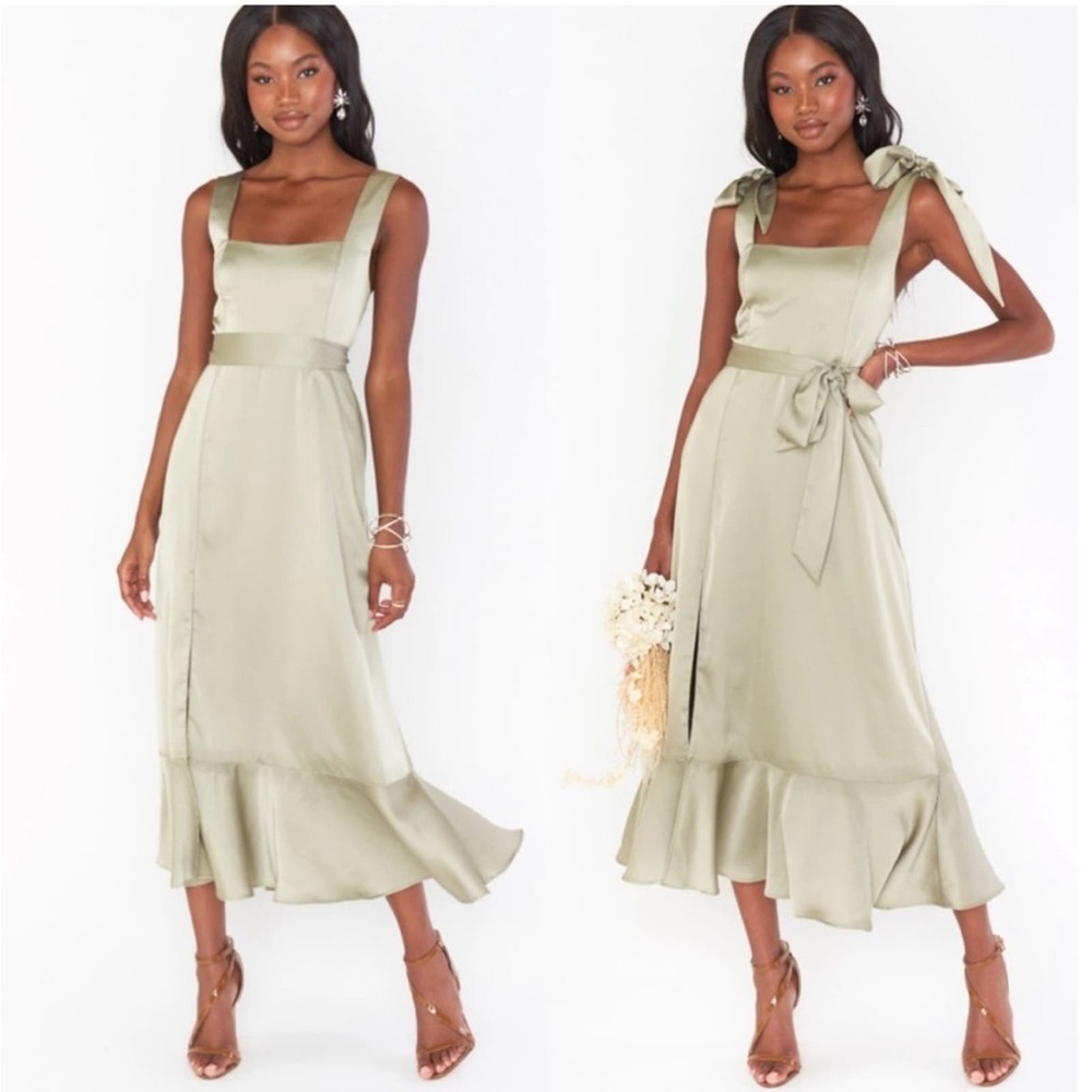 Show Me Your Mumu Claire Midi Dress Moss Green Luxe Satin Size Large
